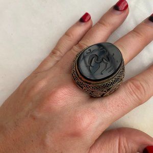 Vintage Black Dragon hierloom ring, sterling silver & black marble